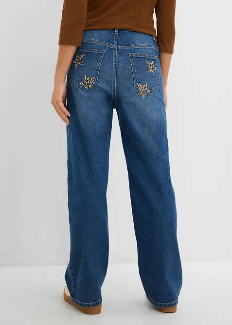 Jeans wide leg con dettagli leopardati, vita media, bonprix