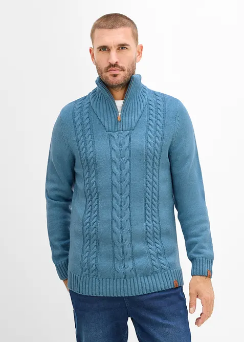 Maglione in lavorazione a trecce con collo e zip, bonprix