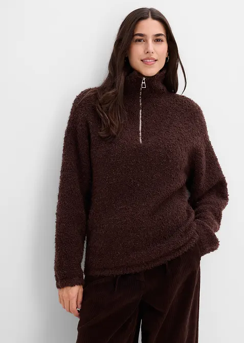 Maglione con collo alto e zip in boucl&eacute;, bonprix