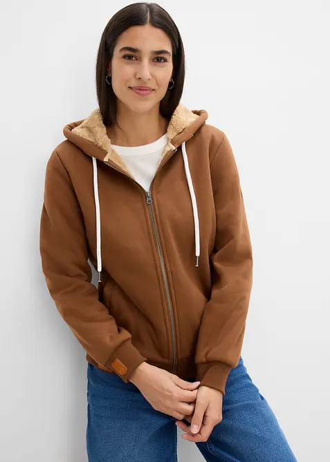 Felpa con zip, cappuccio e fodera teddy, bonprix