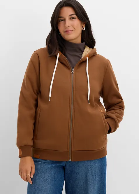 Felpa con zip, cappuccio e fodera teddy, bonprix