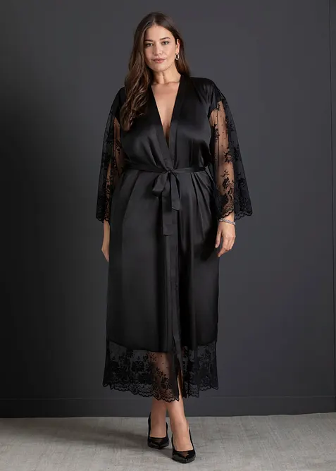 Kimono in satin con pizzo, bonprix