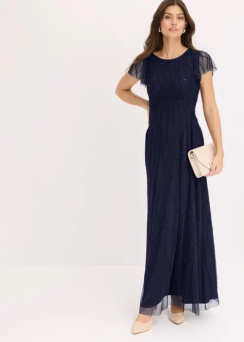 Abito lungo in tulle delicato con ricamo e perline, bonprix