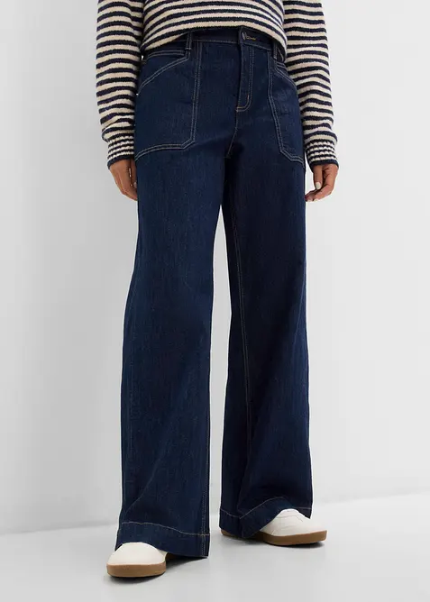 Jeans wide leg con tasche applicate, vita media, bonprix