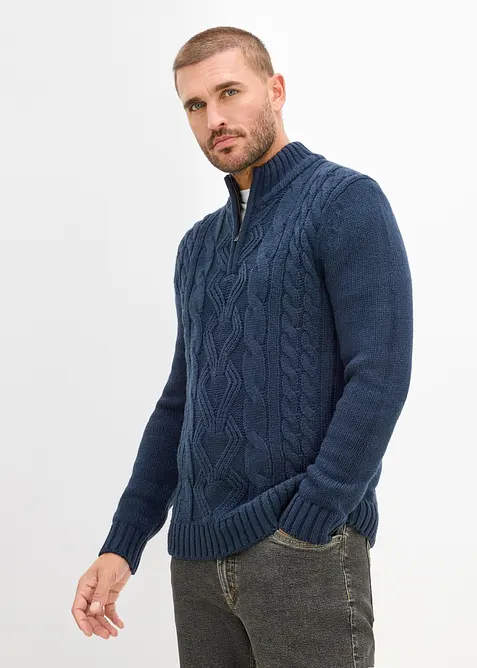 Maglione in lavorazione a trecce con collo e zip, bonprix