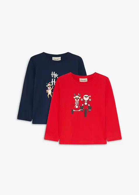 Maglia a maniche lunghe natalizia in cotone biologico (pacco da 2), bonprix