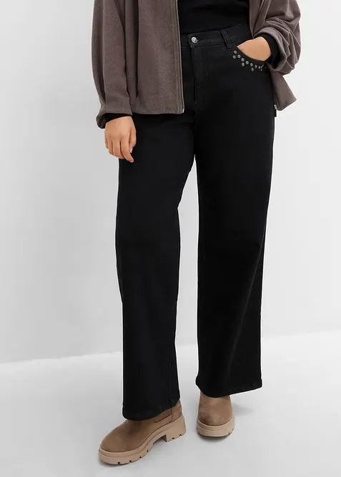 Jeans wide leg con borchiette, vita alta, bonprix