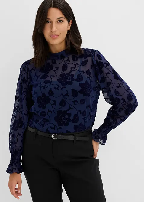 Maglia a maniche lunghe trasparente con stampa floccata, bonprix