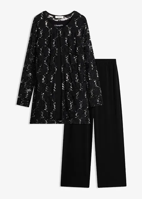 Cardigan in pizzo, top,  pantaloni (set 3 pezzi), bonprix