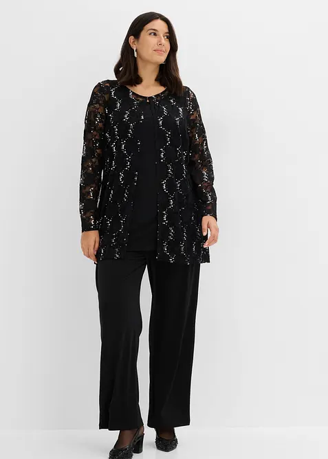 Cardigan in pizzo, top,  pantaloni (set 3 pezzi), bonprix