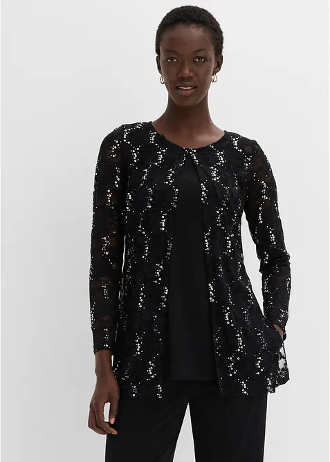 Cardigan in pizzo, top,  pantaloni (set 3 pezzi), bonprix