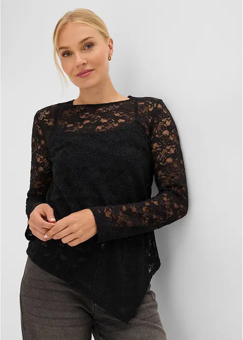 Maglia a maniche lunghe in pizzo elasticizzato, bonprix