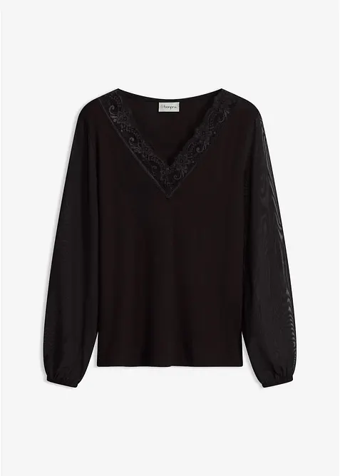 Maglia a maniche lunghe con guarnizione in pizzo sullo scollo a V, bonprix