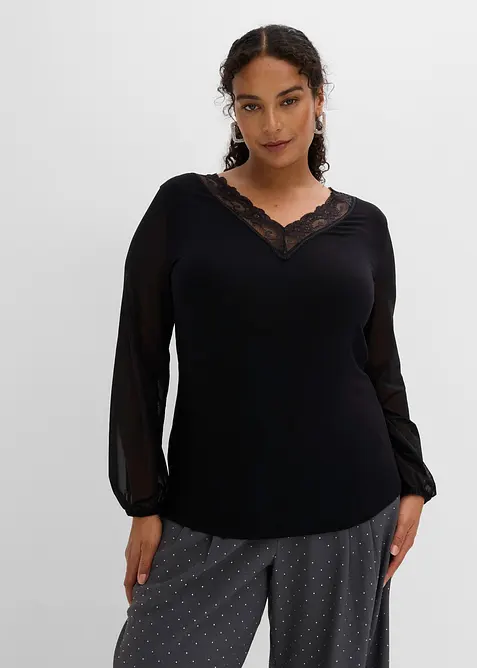 Maglia a maniche lunghe con guarnizione in pizzo sullo scollo a V, bonprix