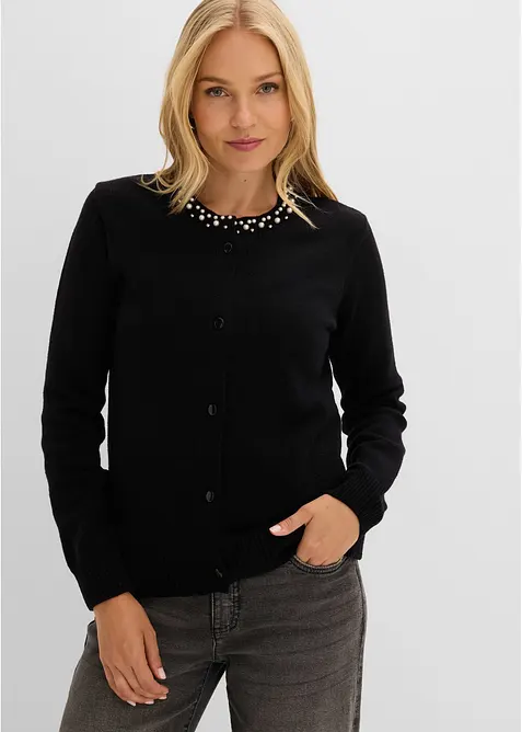 Cardigan in maglia fine con colletto impreziosito da perle, bonprix