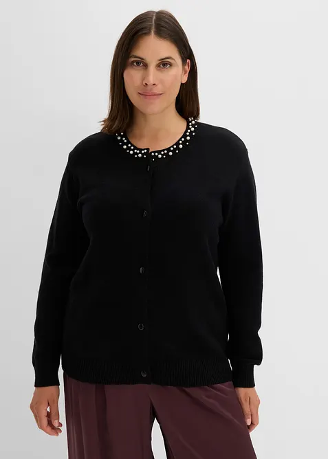 Cardigan in maglia fine con colletto impreziosito da perle, bonprix