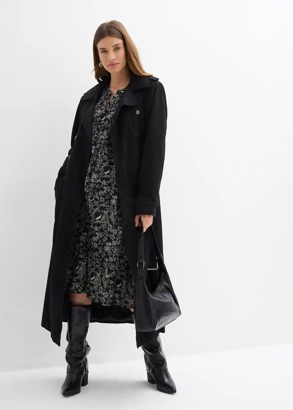 Black midi dress with knee high boots and trench coat