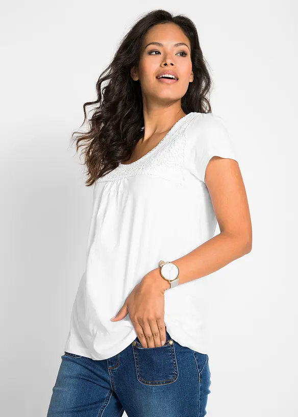 Maglia in cotone con pizzo a maniche corte, bonprix