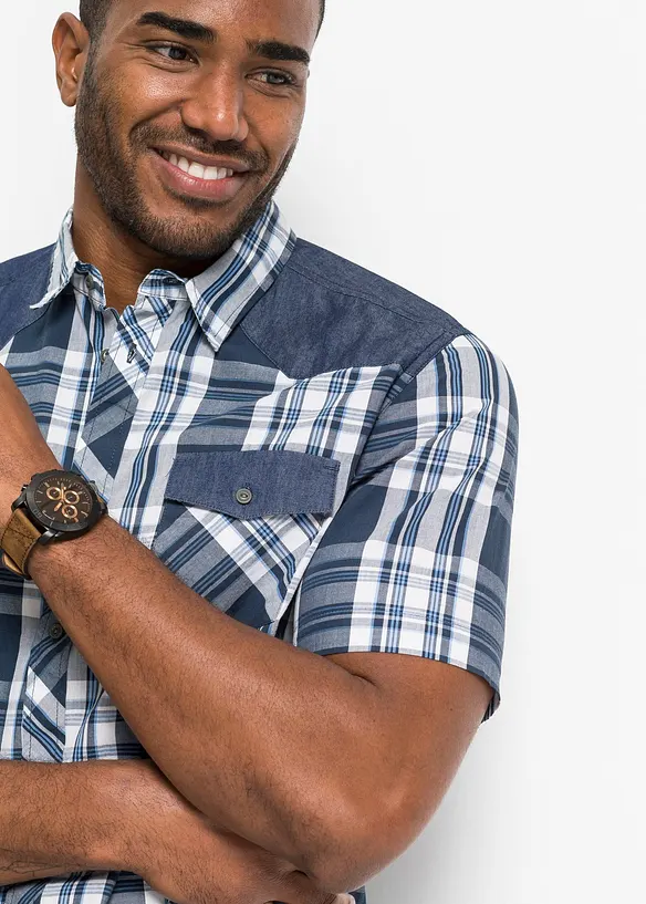 Camicia a maniche corte con inserto in denim, bonprix
