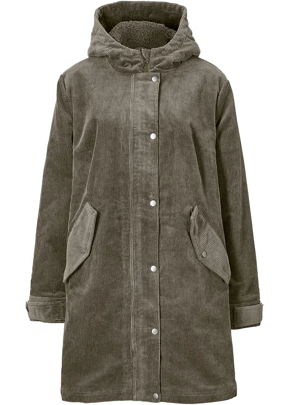 Parka svasato in velluto con fodera in pile teddy e cappuccio, bonprix