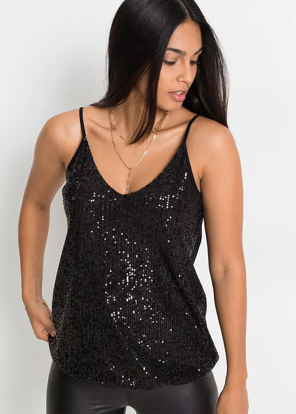 Top con spalline sottili e paillettes in morbido misto viscosa, bonprix