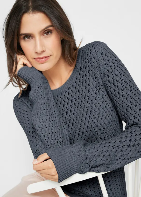 Maglione in maglia operata di misto cotone, bonprix
