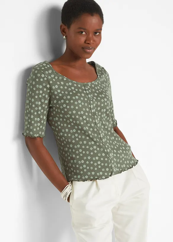 Maglia a costine a mezze maniche con stampa a fiori, bonprix