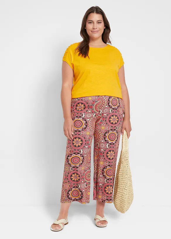 Pantaloni culotte larghi in jersey con vita alta a punto smock, lunghezza 7/8, bonprix