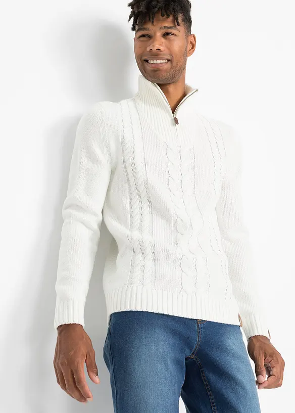 Maglione in filato grosso con zip e lavorazione a trecce, bonprix