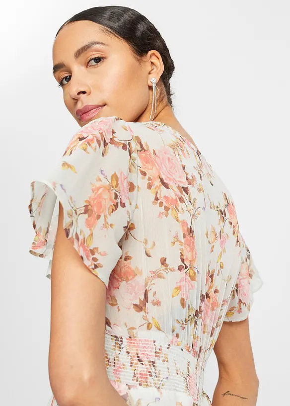 Abito midi a fiori con volant, bonprix