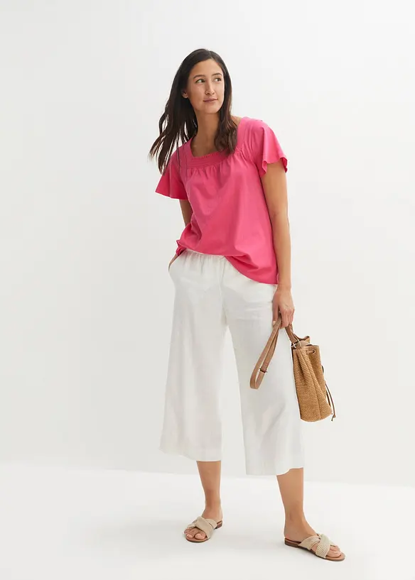 Pantaloni culotte cropped in leggero misto lino e viscosa, bonprix