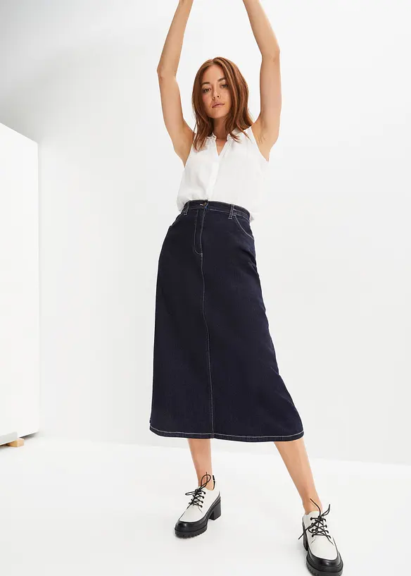 Gonna midi di jeans elasticizzata leggermente svasata con cinta comoda, bonprix