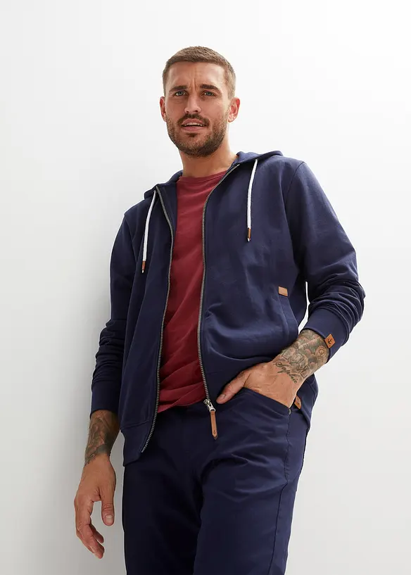 Felpa con zip, cappuccio e dettagli in similpelle, bonprix