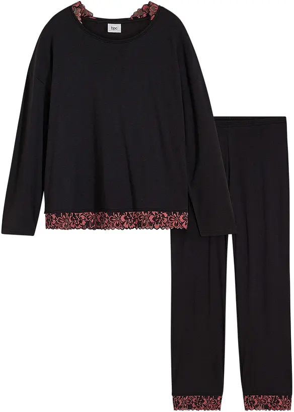 Pigiama con viscosa e pizzo bicolore, bpc bonprix collection