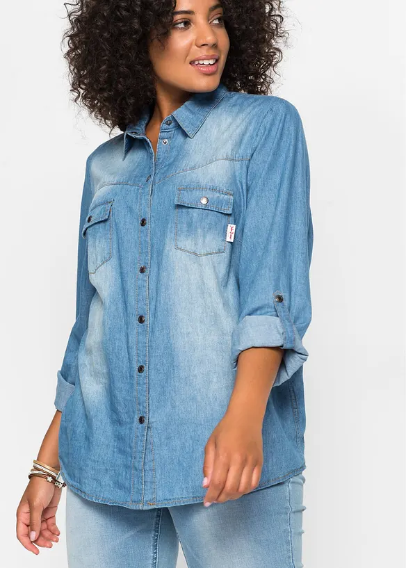 Camicia di jeans a maniche lunghe con bottoni a pressione, bonprix