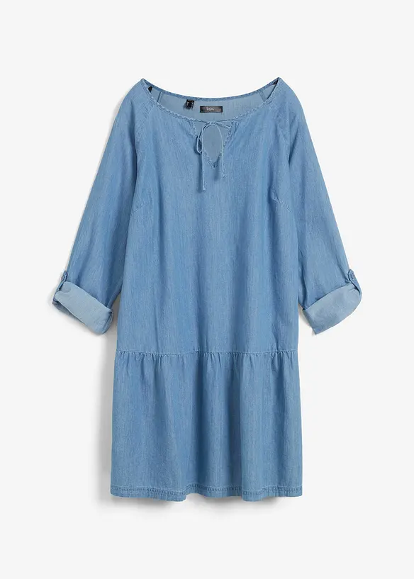 Tunica in denim a maniche lunghe con volant in cotone biologico, bonprix