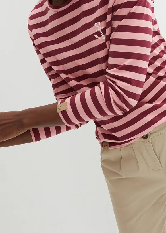 Maglia a maniche lunghe a righe con ricamo, bonprix