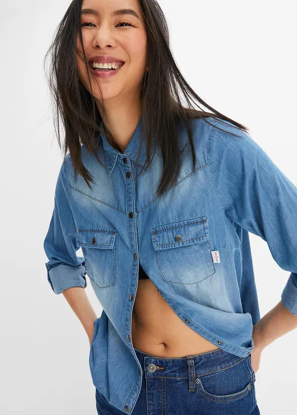 Camicia di jeans a maniche lunghe con bottoni a pressione, bonprix