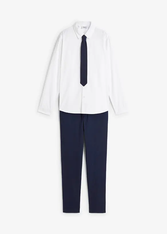 Pantaloni chino, camicia a maniche lunghe e cravatta (set 3 pezzi), bonprix