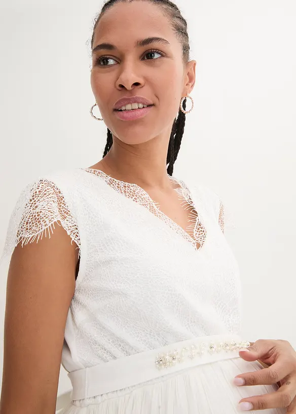 Abito da sposa prémaman in pizzo e crêpe con cintura, bonprix