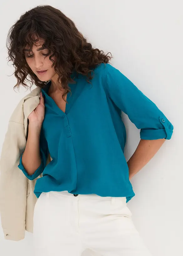 Blusa in misto lino con maniche a 3/4, bonprix