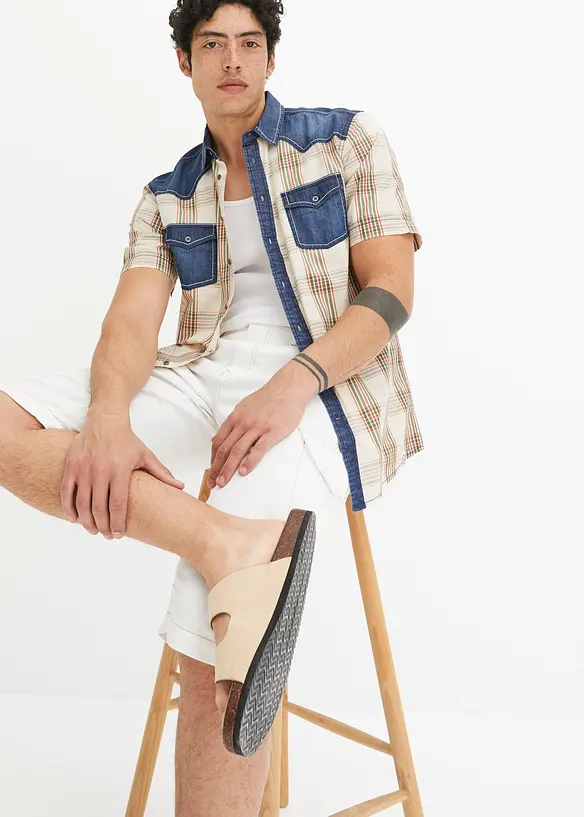 Camicia a maniche corte con inserto denim, bonprix