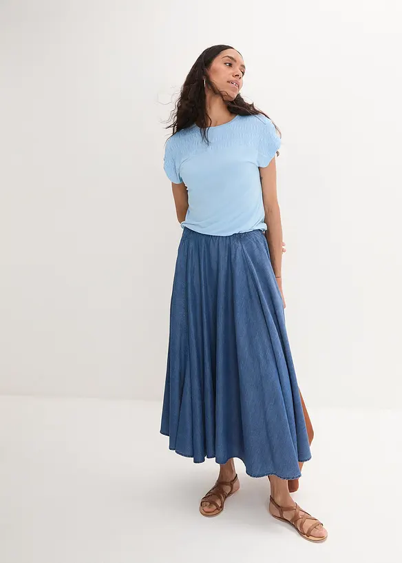 Gonna di jeans a vita alta con elastico in vita, cotone biologico, bonprix