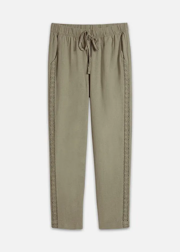 Pantaloni in misto lino con pizzo ai lati, alla caviglia, bonprix