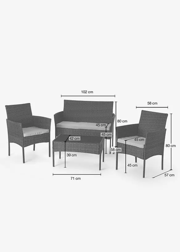 Tavolino, poltrone e panca da giardino (set giardino 4 pezzi), bonprix
