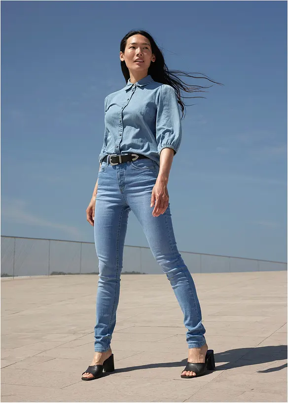 Camicia di jeans con maniche a sbuffo in cotone biologico, bonprix