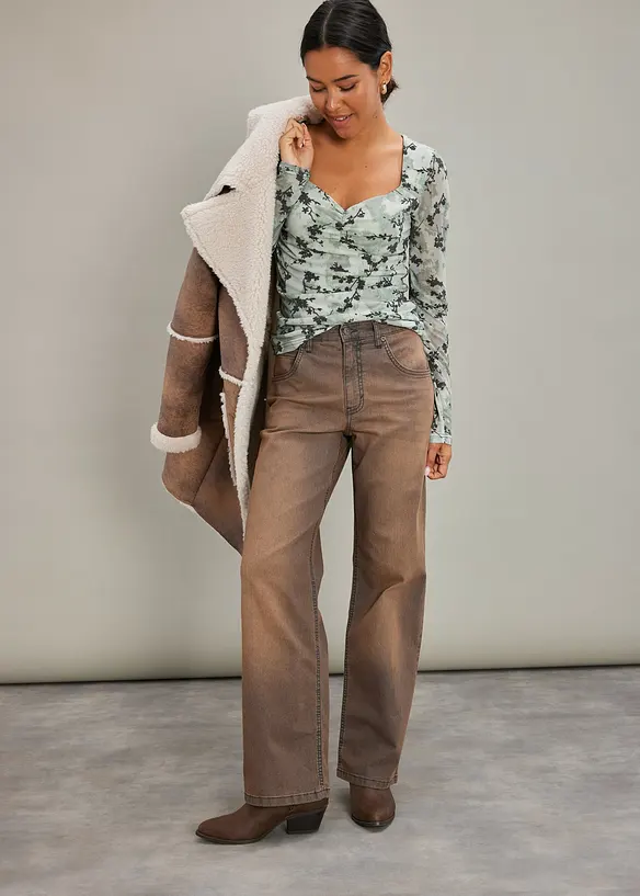 Jeans wide leg con lavaggio vintage, vita alta, bonprix