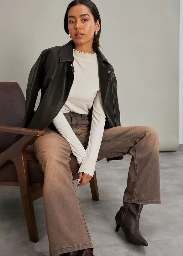 Jeans wide leg con lavaggio vintage, a vita alta, bonprix