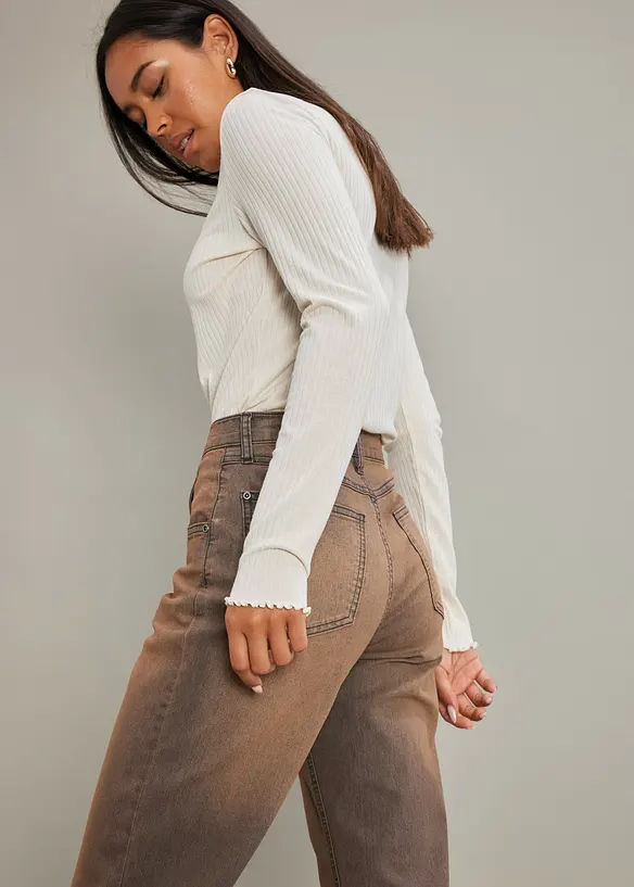 Jeans wide leg con lavaggio vintage, a vita alta, bonprix