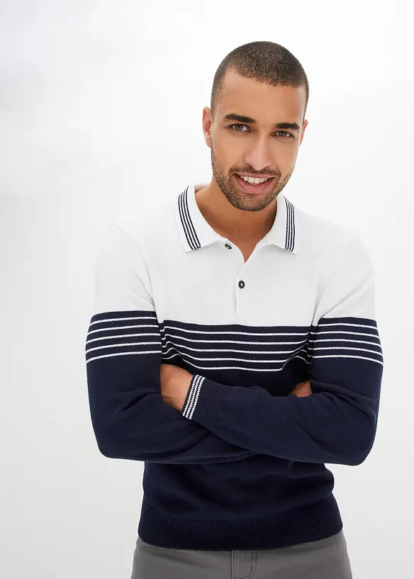 Maglione in filato fine con colletto polo e cotone riciclato, bonprix